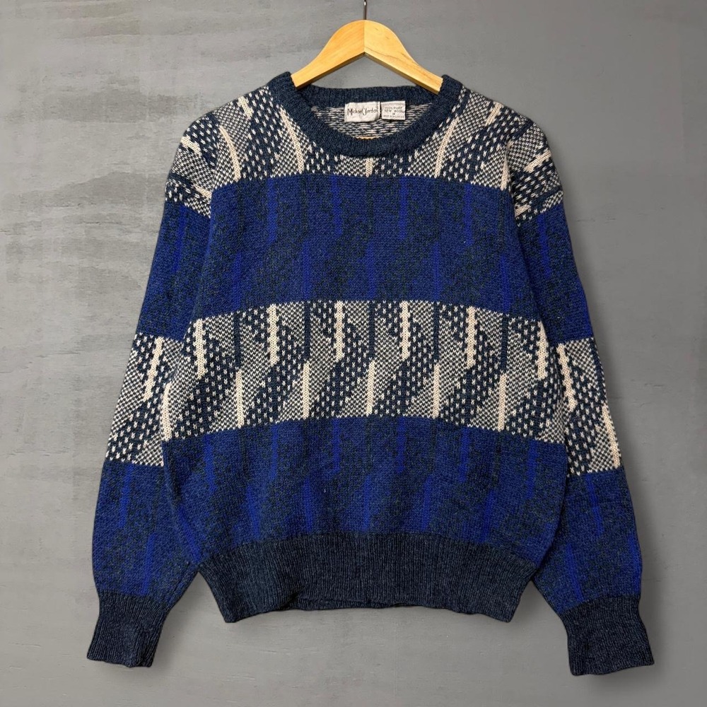 Michael Jordan Sweater Blue Geometric‎ Wool Knit Crewneck Vintage Medium